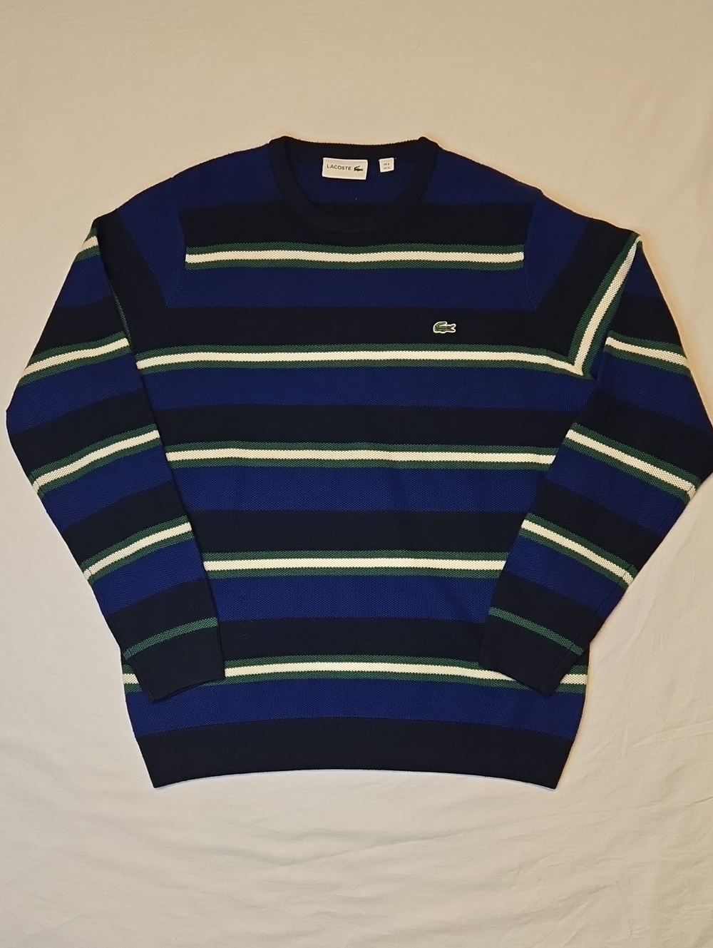 Lacoste Blue, Green & White Stripe Knit Wool Pullover Crewneck Sweater